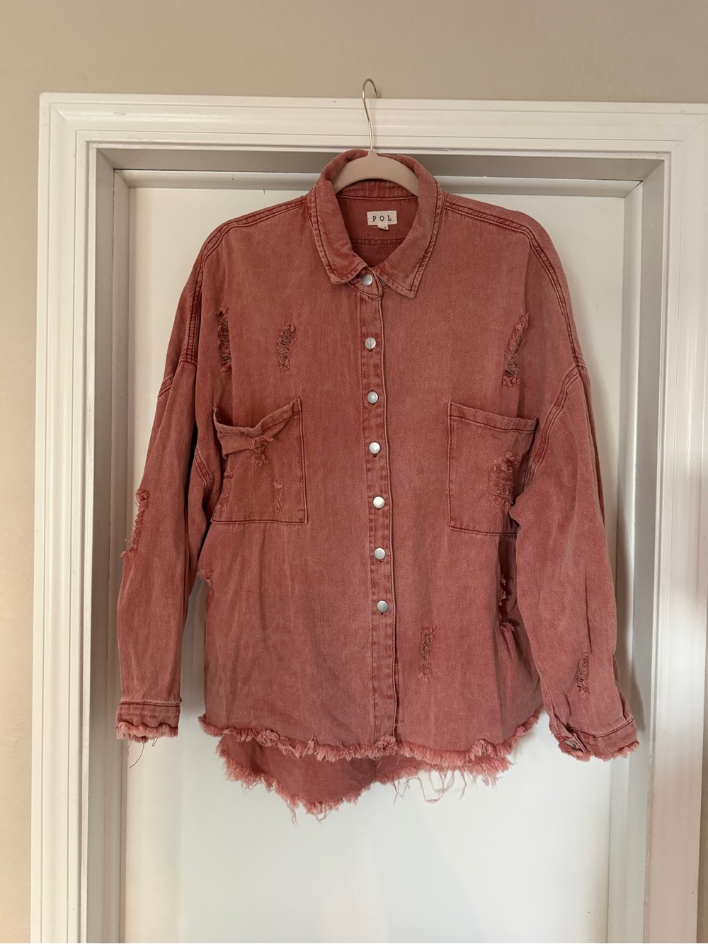 POL Faded Rose Distressed Denim Jacket